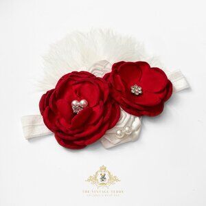 NWT Pretty Vintage Inspired Girls Headband Floral Beaded Feathers Red OS